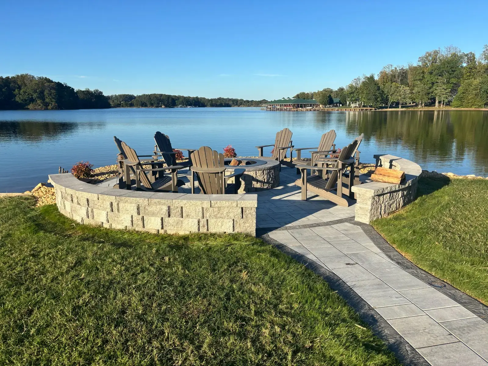 Lakeside fire pit, seating wall and walkway